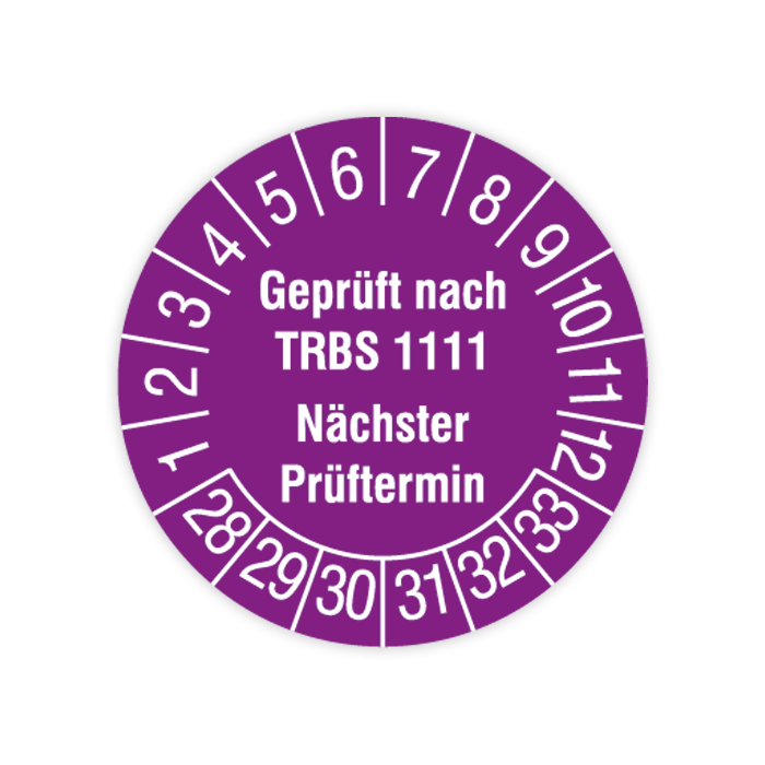 Prüfplakette, Geprüft nach TRBS 1111 - Nächster Prüftermin, 2028 - 2033, verschiedene Ausführungen