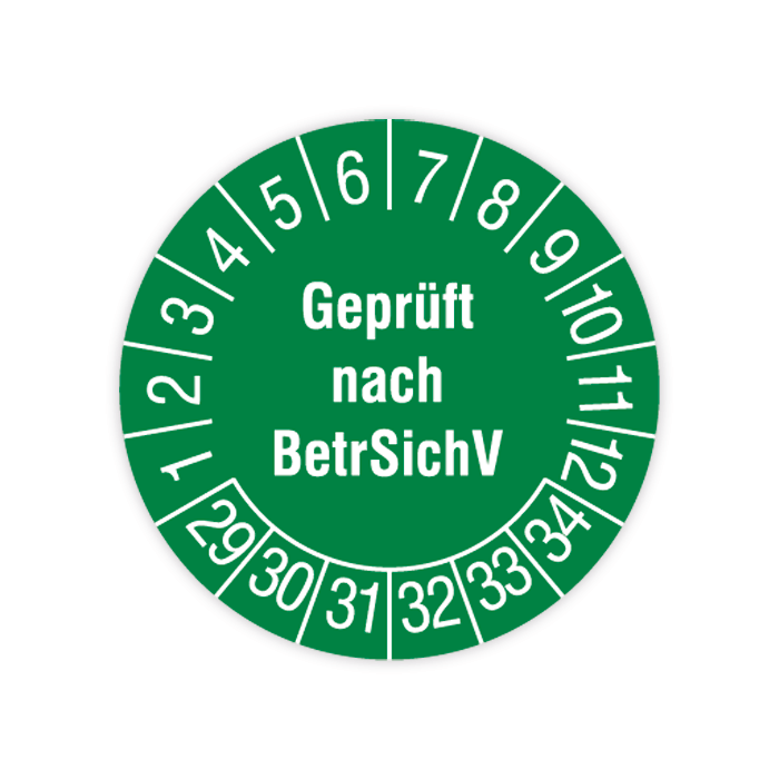 Prüfplakette, Geprüft nach BetrSichV, 2029 - 2034, in verschiedenen Ausführungen
