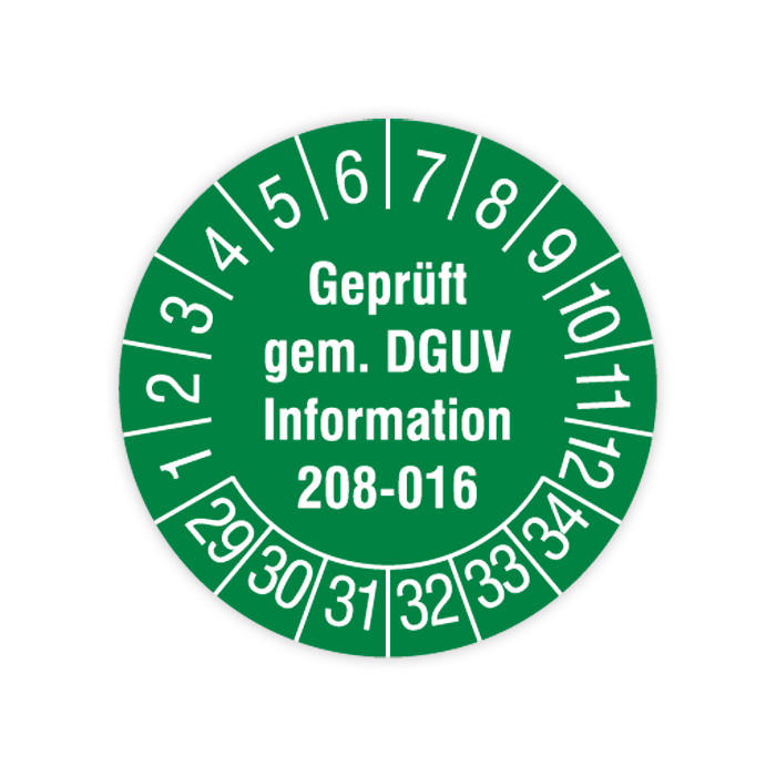 Prüfplakette, Geprüft gem. DGUV Information 208-016, 2029 - 2034, verschiedene Ausführungen