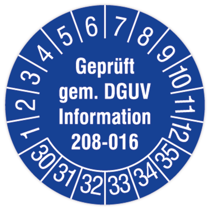Prüfplakette, Geprüft gem. DGUV Information 208-016, 2030 - 2035, verschiedene Ausführungen