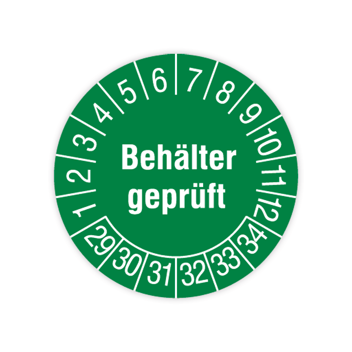 Prüfplakette, Behälter geprüft, 2029 - 2034, in verschiedenen Ausführungen