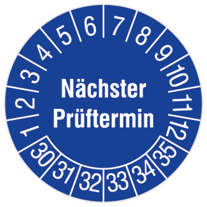 Prüfplakette, Nächster Prüftermin, 2030 - 2035, in verschiedenen Ausführungen