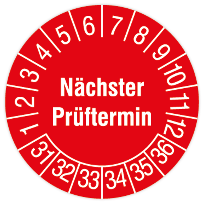 Prüfplakette, Nächster Prüftermin, 2031 - 2036, Standard- /Dokumentenfolie, Ø 15, 20 oder 30 mm