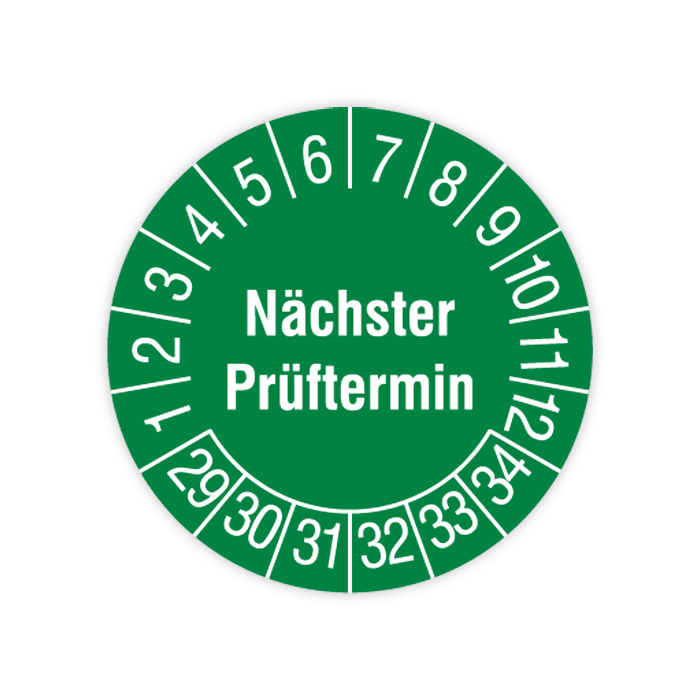 Prüfplakette, Nächster Prüftermin, 2029 - 2034, in verschiedenen Ausführungen