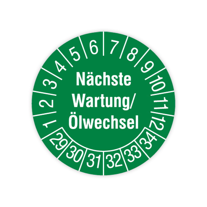 Prüfplakette, Nächste Wartung / Ölwechsel, 2029 - 2034, in verschiedenen Ausführungen