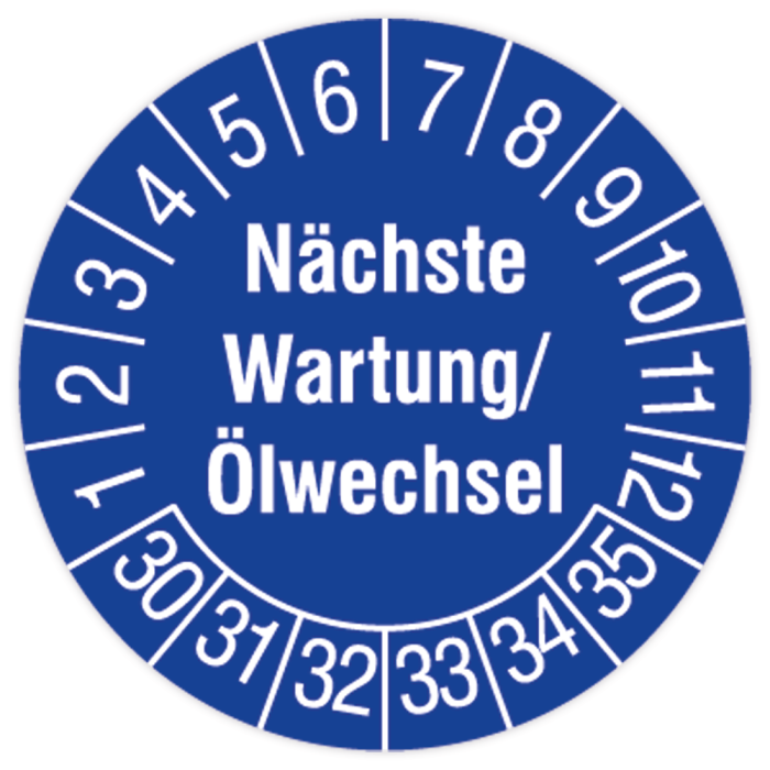 Prüfplakette, Nächste Wartung / Ölwechsel, 2030 - 2035, in verschiedenen Ausführungen