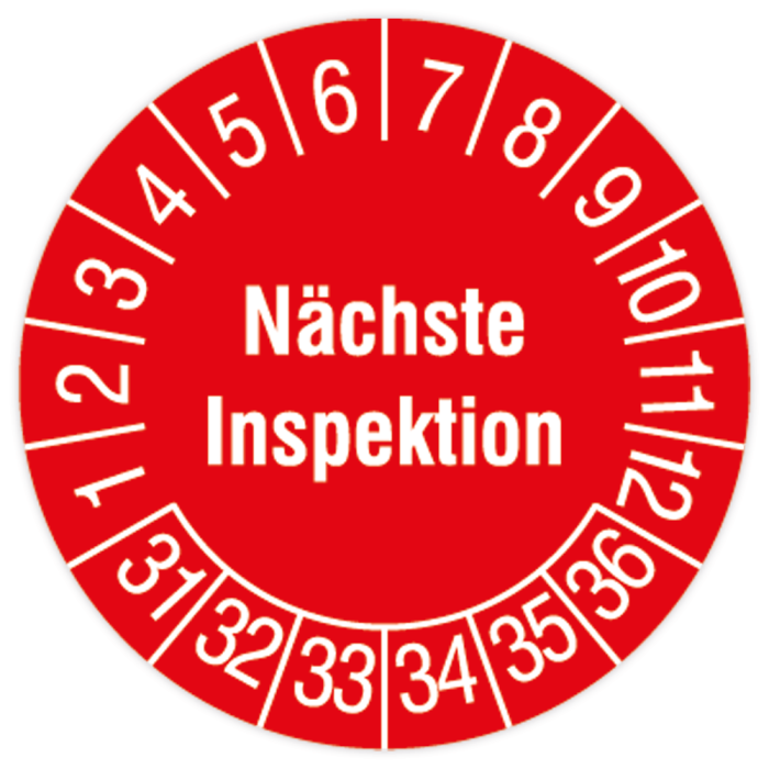 Prüfplakette, Nächste Inspektion, 2031 - 2036, Standard- /Dokumentenfolie, Ø 30 mm