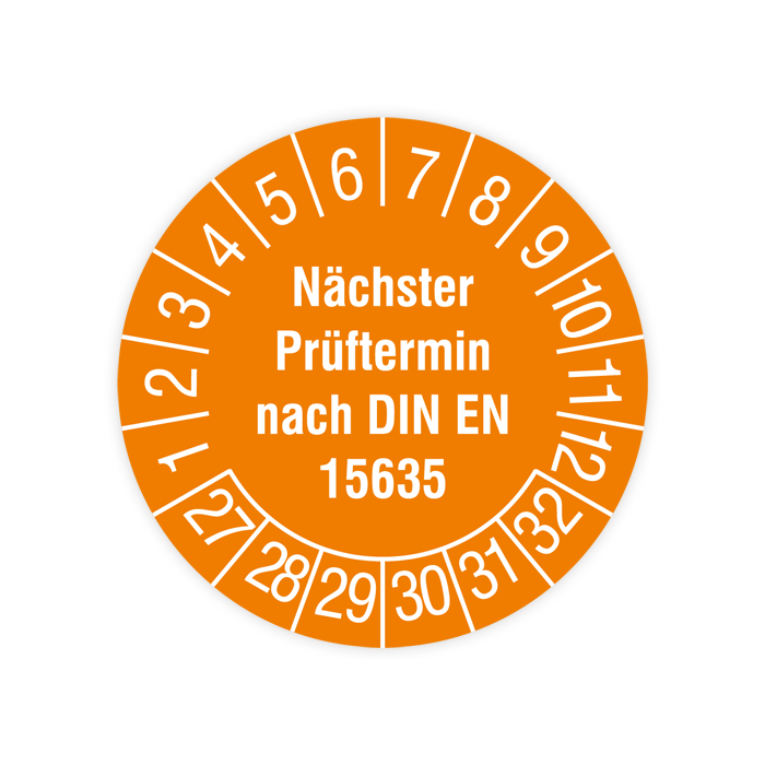 Prüfplakette, Nächster Prüftermin nach DIN EN 15635, 2027, verschiedene Ausführungen