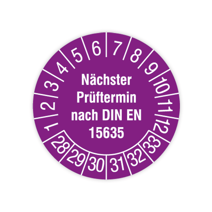 Prüfplakette, Nächster Prüftermin nach DIN EN 15635, 2028 - 2033, verschiedene Ausführungen