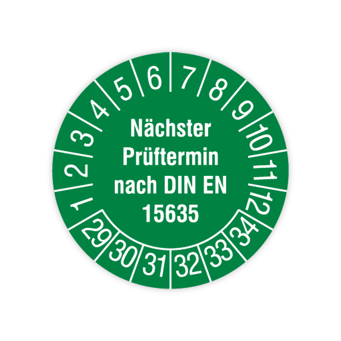 Prüfplakette, Nächster Prüftermin nach DIN EN 15635, 2029 - 2034, in verschiedenen Ausführungen