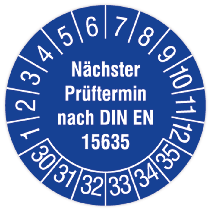 Prüfplakette, Nächster Prüftermin nach DIN EN 15635, 2030 - 2035, in verschiedenen Ausführungen