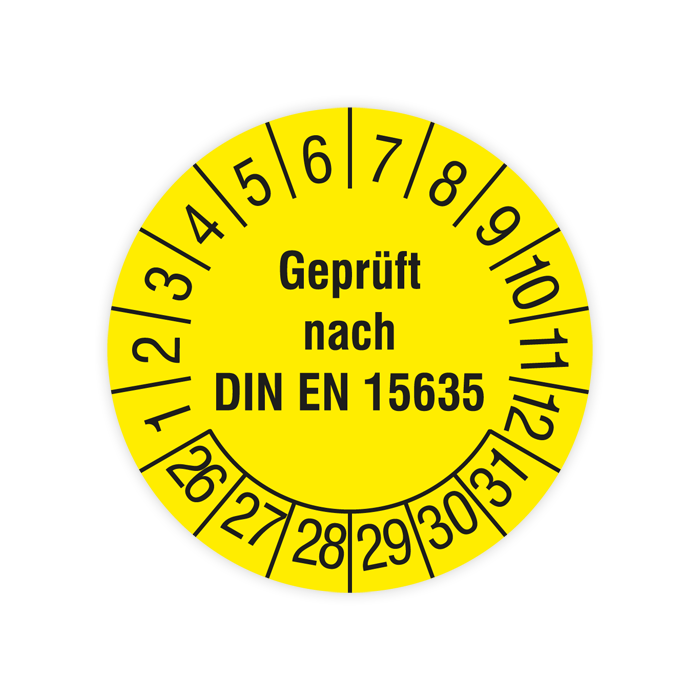 Prüfplakette, Geprüft nach DIN EN 15635, 2026, verschiedene Ausführungen
