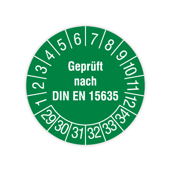 Prüfplakette, Geprüft nach DIN EN 15635, 2029 - 2034, in verschiedenen Ausführungen