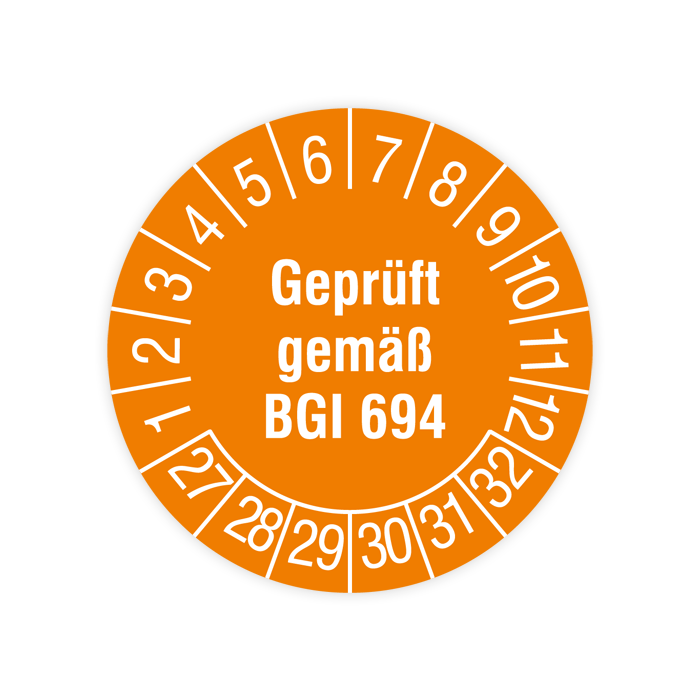 Prüfplakette, Geprüft gemäß BGI 694, 2027, verschiedene Ausführungen