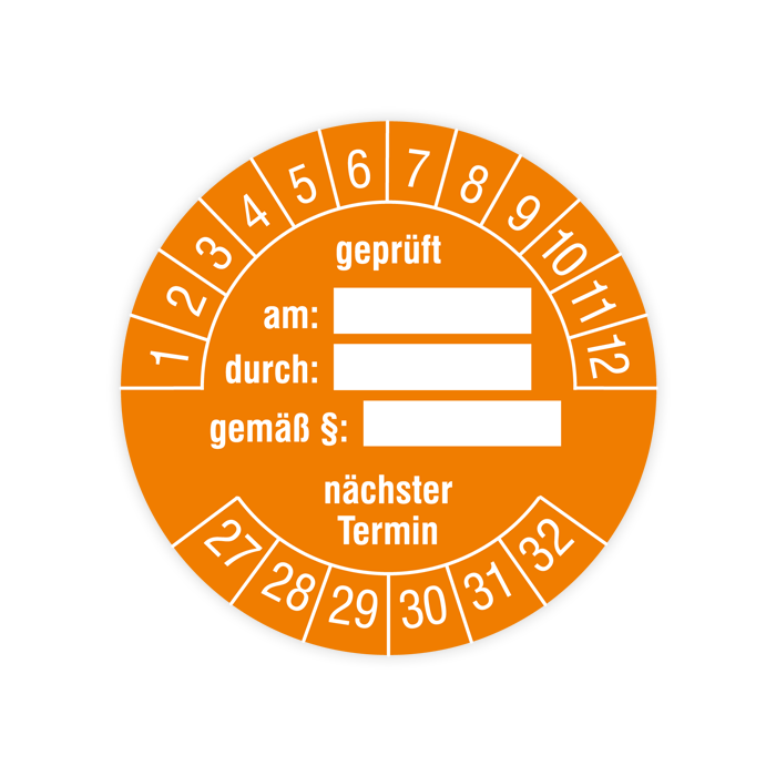 Prüfplakette, geprüft am… durch… gemäß §… nächster Termin, 2027, verschiedene Ausführungen