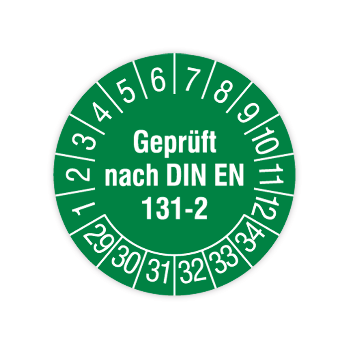 Prüfplakette, Geprüft nach DIN EN 131-2, 2029 - 2034, in verschiedenen Ausführungen