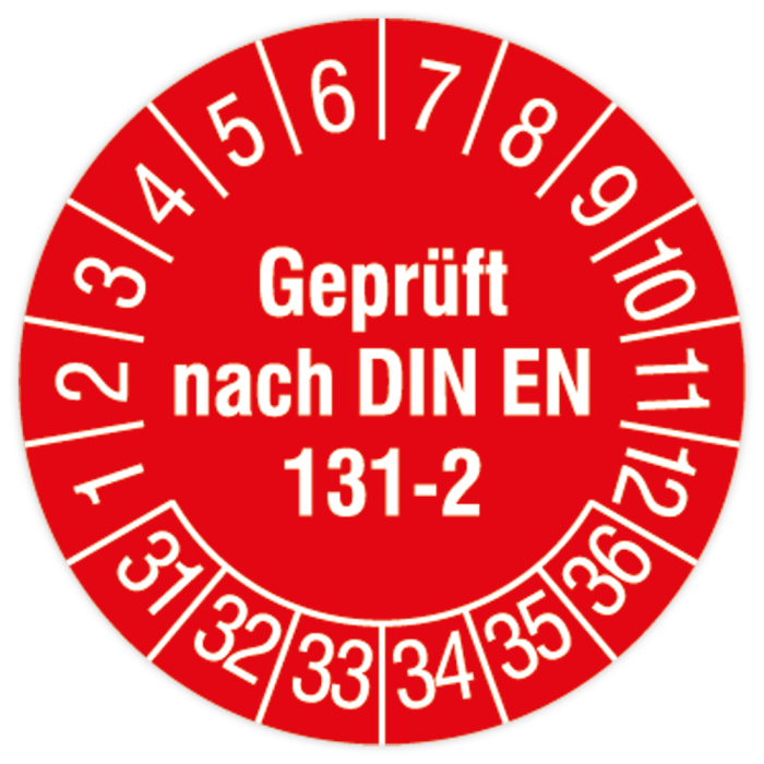 Prüfplakette, Geprüft nach DIN EN 131-2, 2031 - 2036, Standard- /Dokumentenfolie, Ø 30 mm