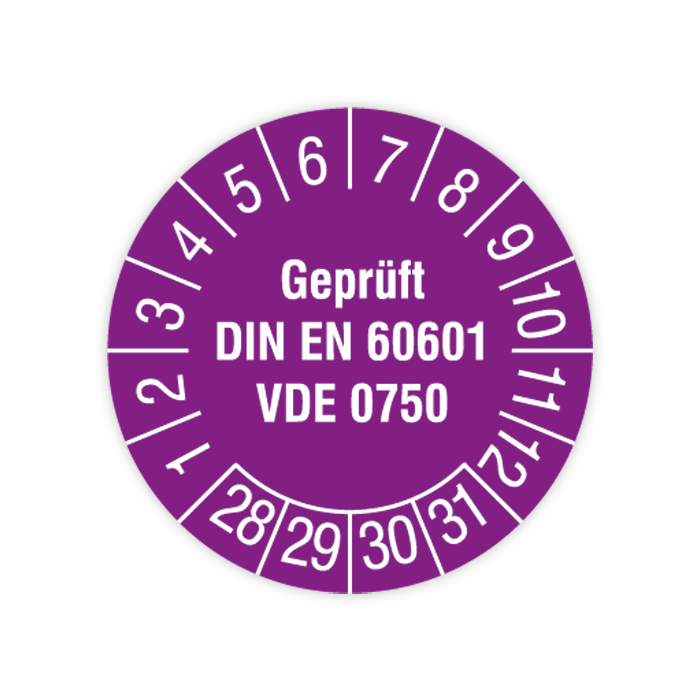 Prüfplakette, Geprüft DIN EN 60601 VDE 0750, 2028 - 2031, verschiedene Ausführungen