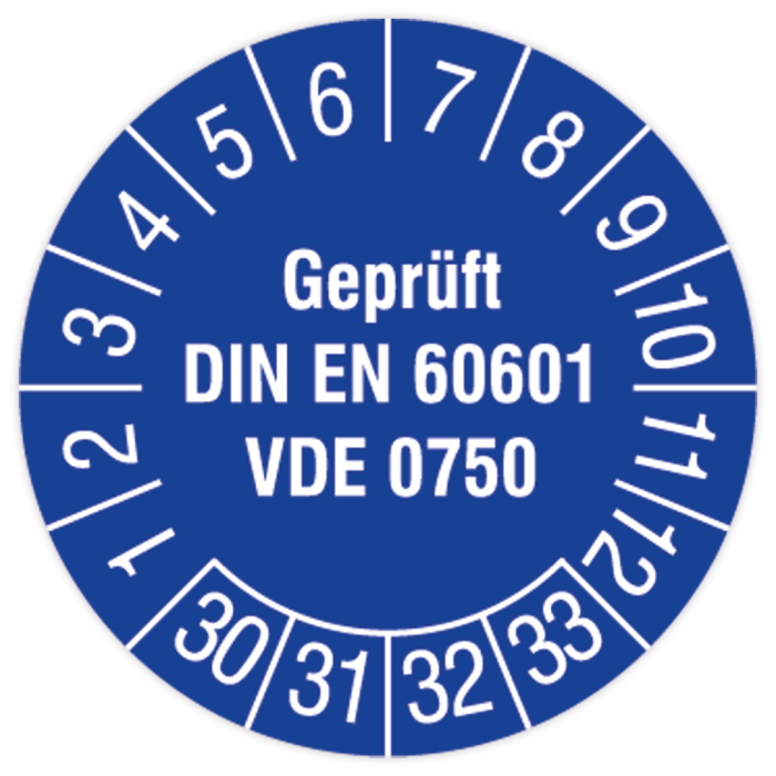 Prüfplakette, Geprüft DIN EN 60601 VDE 0750, 2030, Dokumentenfolie mit Oberflächenschutz, Ø 30 mm