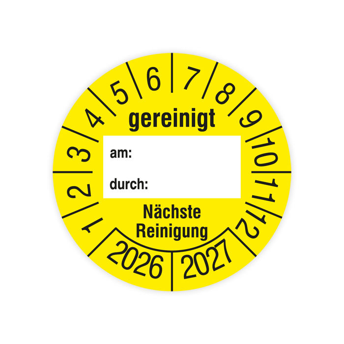 Prüfplakette, Gereinigt am… durch… - Nächste Reinigung, 2026, verschiedene Ausführungen