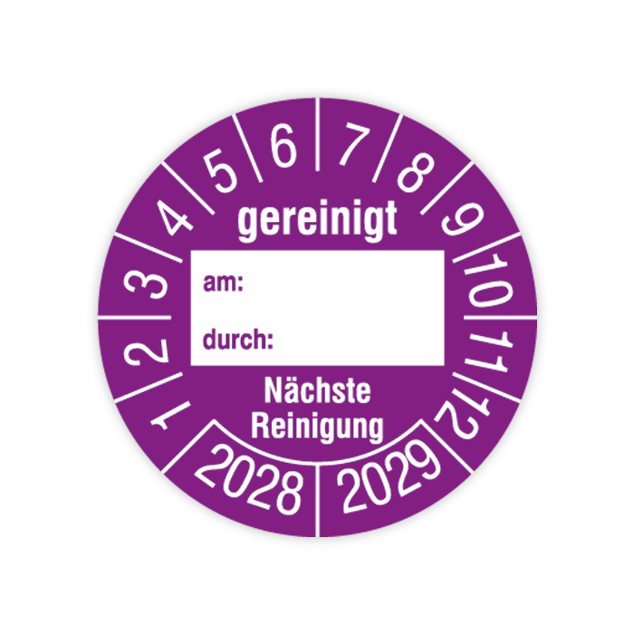 Prüfplakette, Gereinigt am… durch… - Nächste Reinigung, 2028 - 2029, verschiedene Ausführungen