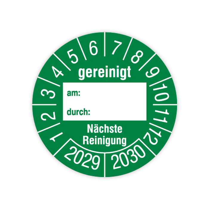 Prüfplakette, Gereinigt am… durch… - Nächste Reinigung, 2029, in verschiedenen Ausführungen