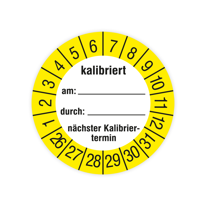 Prüfplakette, kalibriert am… durch… nächster Kalibriertermin, 2026, verschiedene Ausführungen