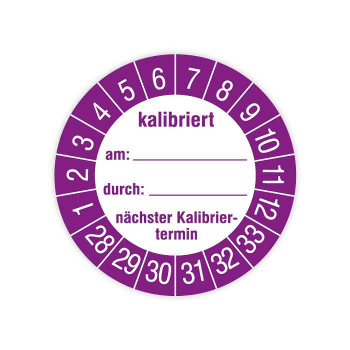 Prüfplakette, kalibriert am… durch… nächster Kalibriertermin, 2028 - 2033, versch. Ausführungen
