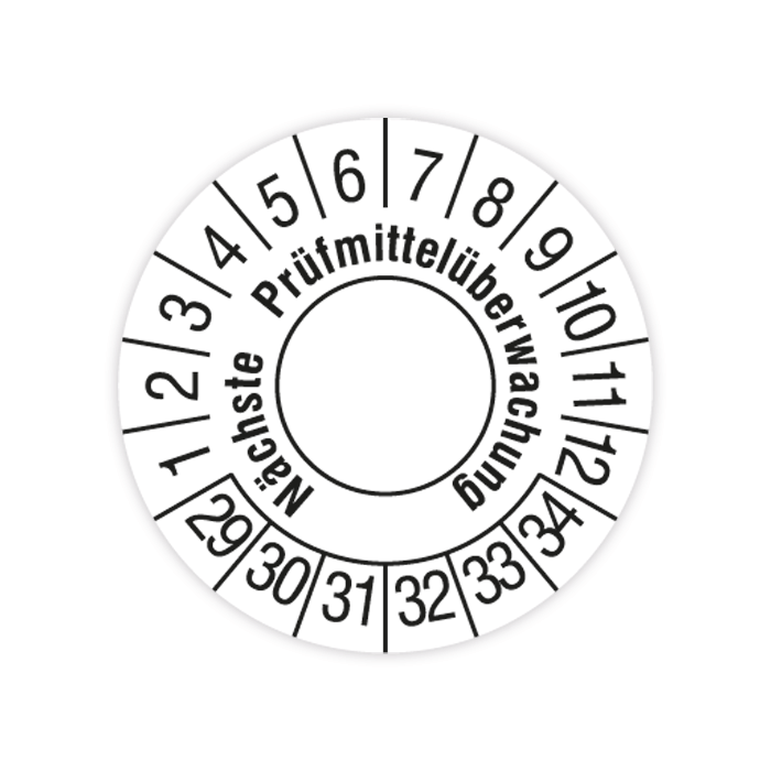 Prüfplakette, Nächste Prüfmittelüberwachung, 2029- 2034, in verschiedenen Ausführungen