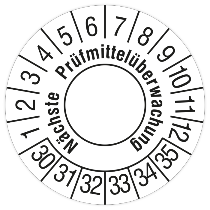 Prüfplakette, Nächste Prüfmittelüberwachung, 2030- 2035, in verschiedenen Ausführungen