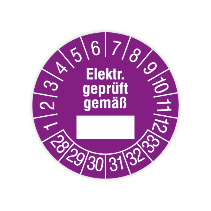 Prüfplakette, Elektrisch geprüft gemäß…, 2028 - 2033, verschiedene Ausführungen