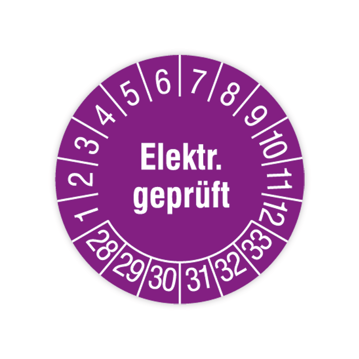 Prüfplakette, Elektrisch geprüft, 2028 - 2033, verschiedene Ausführungen