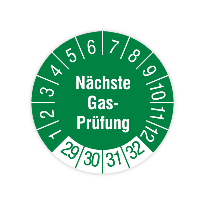 Prüfplakette, Nächste Gasprüfung, 2029 - 2032, in verschiedenen Ausführungen