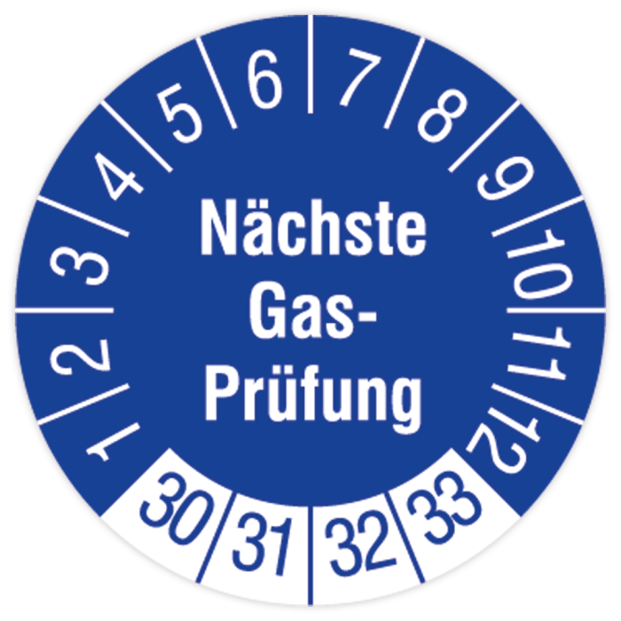 Prüfplakette, Nächste Gasprüfung, 2030 - 2033, in verschiedenen Ausführungen