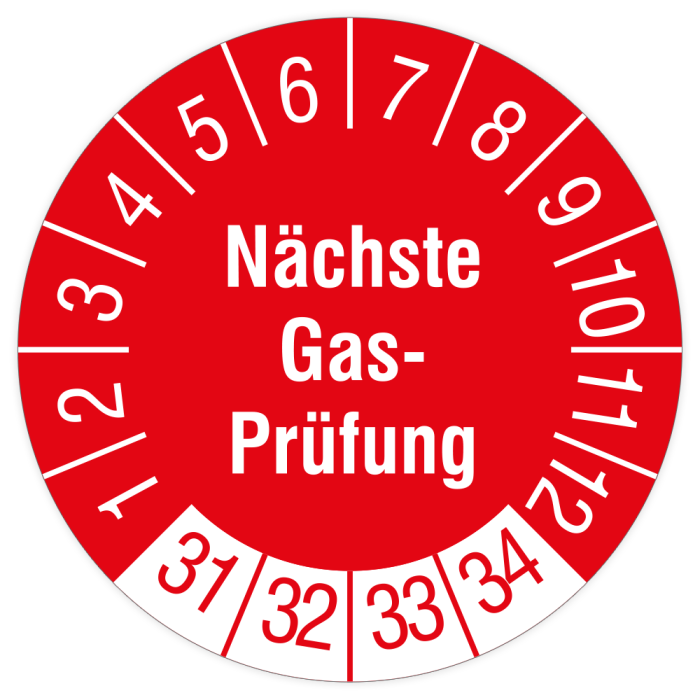 Prüfplakette, Nächste Gasprüfung, 2031 - 2034, Dokumentenfolie, Ø 30 mm