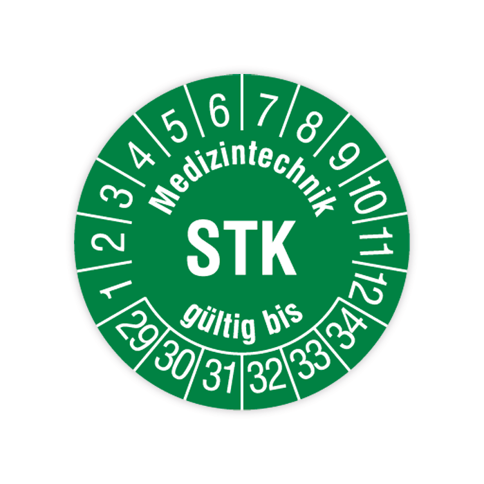 Prüfplakette, Medizintechnik STK gültig bis, 2029, Dokumentenfolie mit Oberflächenschutz, Ø 30 mm