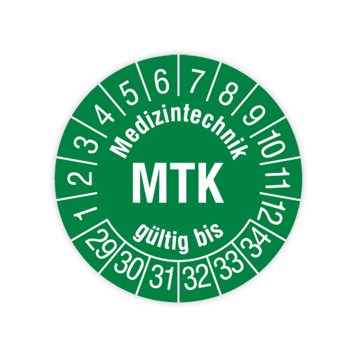Prüfplakette, Medizintechnik MTK gültig bis, 2029, Dokumentenfolie mit Oberflächenschutz, Ø 30 mm