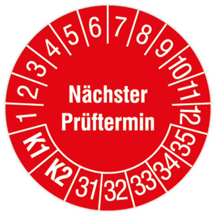 Prüfplakette, Nächster Prüftermin, K1/K2, 2031 - 2035, Standard- /Dokumentenfolie, Ø 15 oder 30 mm