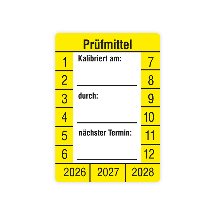Prüfplakette, Prüfmittel kalibriert am… durch… nächster Termin,2026,Standardfolie, 26x37mm, Bogen