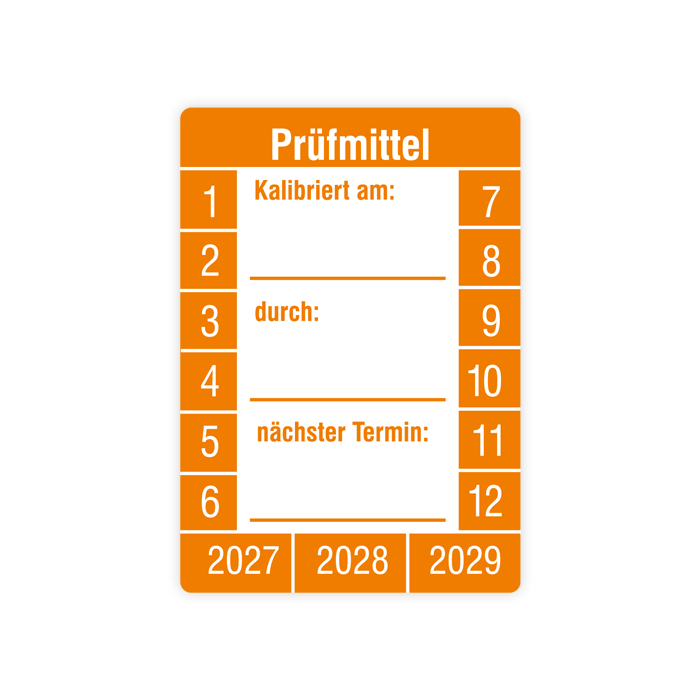 Prüfplakette, Prüfmittel kalibriert am… durch… nächster Termin,2027,Standardfolie, 26x37mm, Bogen