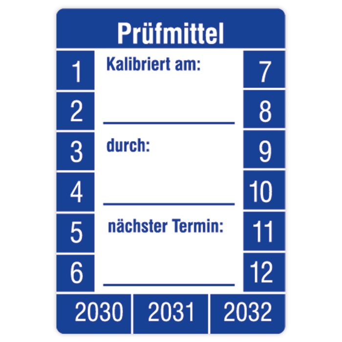 Prüfplakette, Prüfmittel kalibriert am… durch… nä. Termin, 2030, Standardfolie, 26 x 37 mm, 10/Bogen