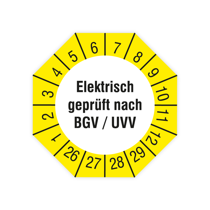 Prüfplakette, Elektrisch geprüft nach BGV / UVV, 2026, verschiedene Ausführungen