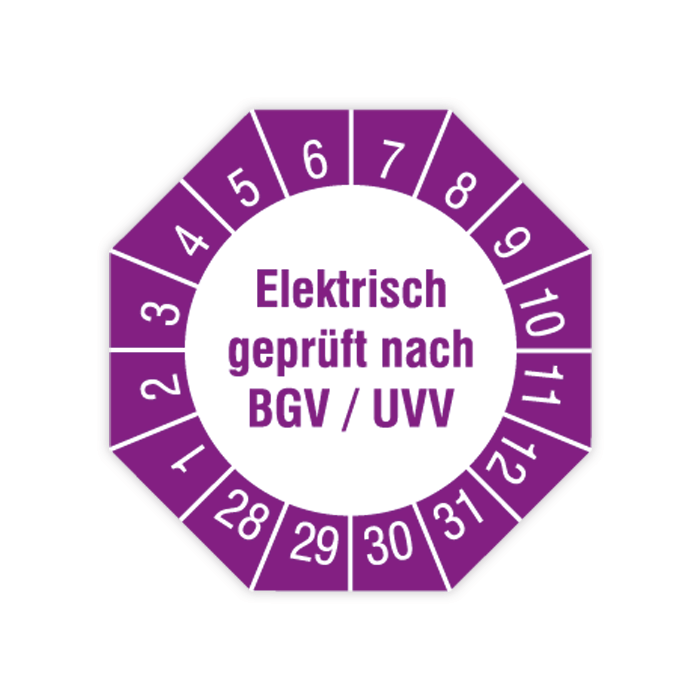 Prüfplakette, Elektrisch geprüft nach BGV / UVV, 2028 - 2031, verschiedene Ausführungen
