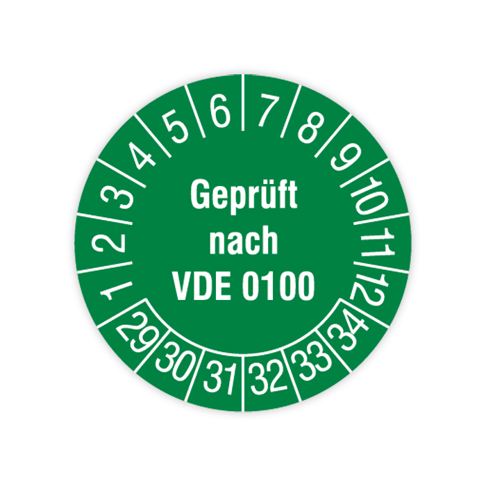 Prüfplakette, Geprüft nach VDE 0100, 2029 - 2034, in verschiedenen Ausführungen