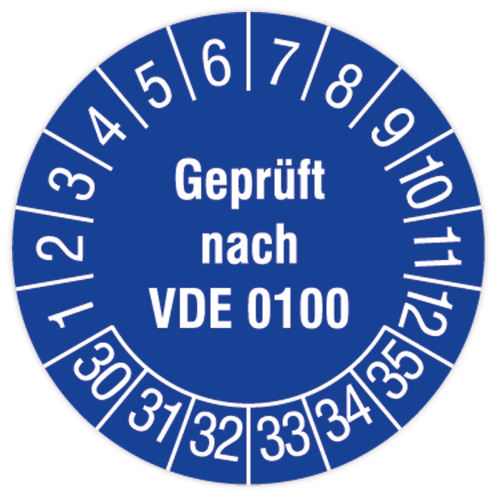 Prüfplakette, Geprüft nach VDE 0100, 2030 - 2035, in verschiedenen Ausführungen