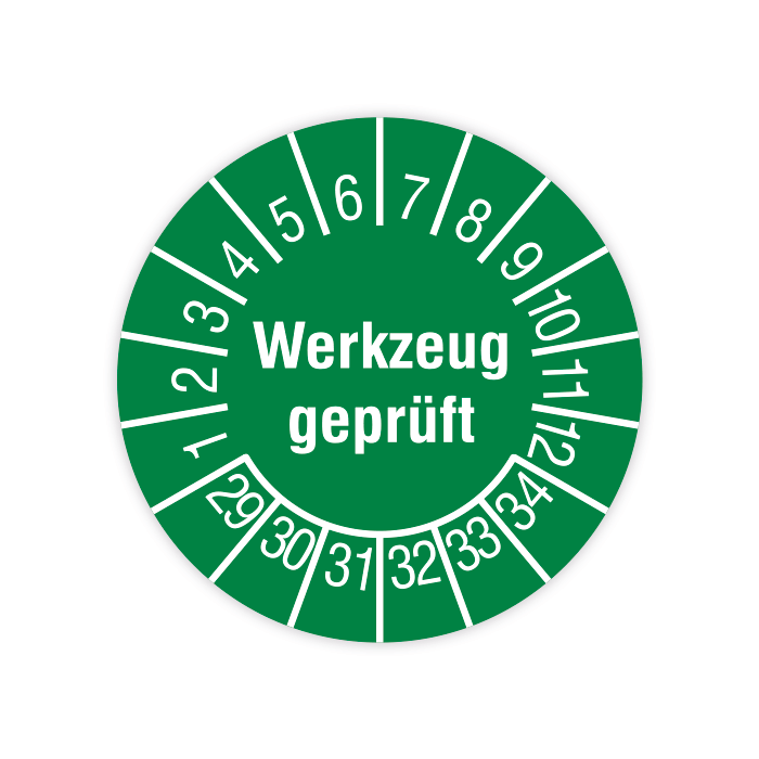 Prüfplakette, Werkzeug geprüft, 2029 - 2034, in verschiedenen Ausführungen