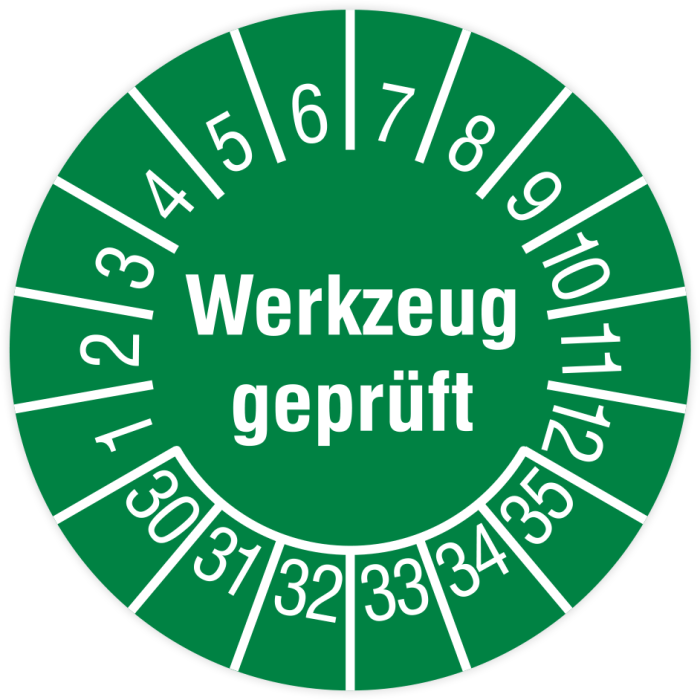 Prüfplakette, Werkzeug geprüft, 2030 - 2035, in verschiedenen Ausführungen