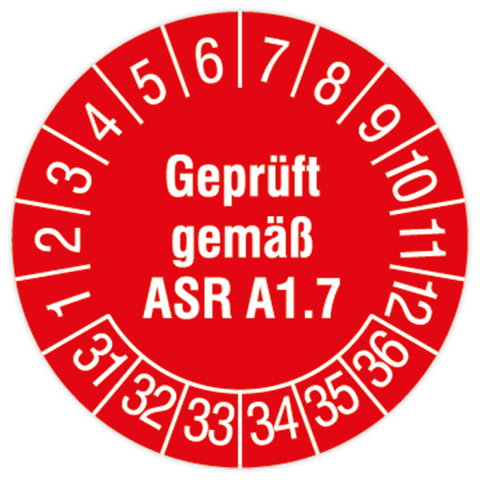 Prüfplakette Türen und Tore, Geprüft gemäß ASR A1.7, 2031, Standard- /Dokumentenfolie, Ø 30 mm