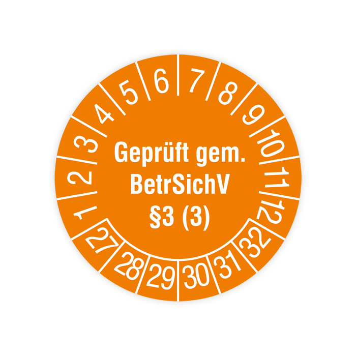 Prüfplakette für Leitern und Tritte, Geprüft gem. BetrSichV §3 (3), 2027, verschiedene Ausführungen