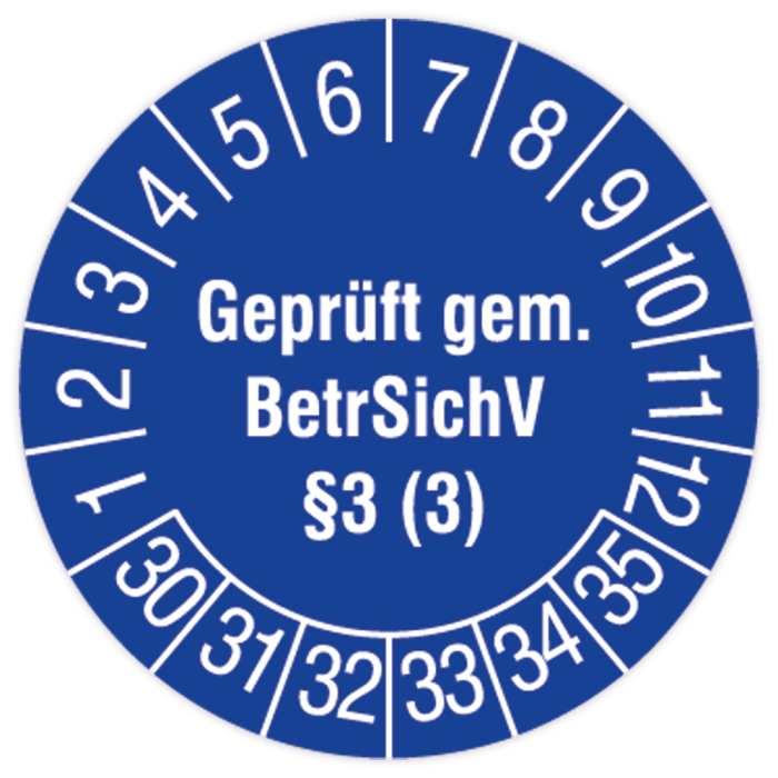 Prüfplakette für Leitern und Tritte, Geprüft gem. BetrSichV §3 (3), 2030, verschiedene Ausführungen